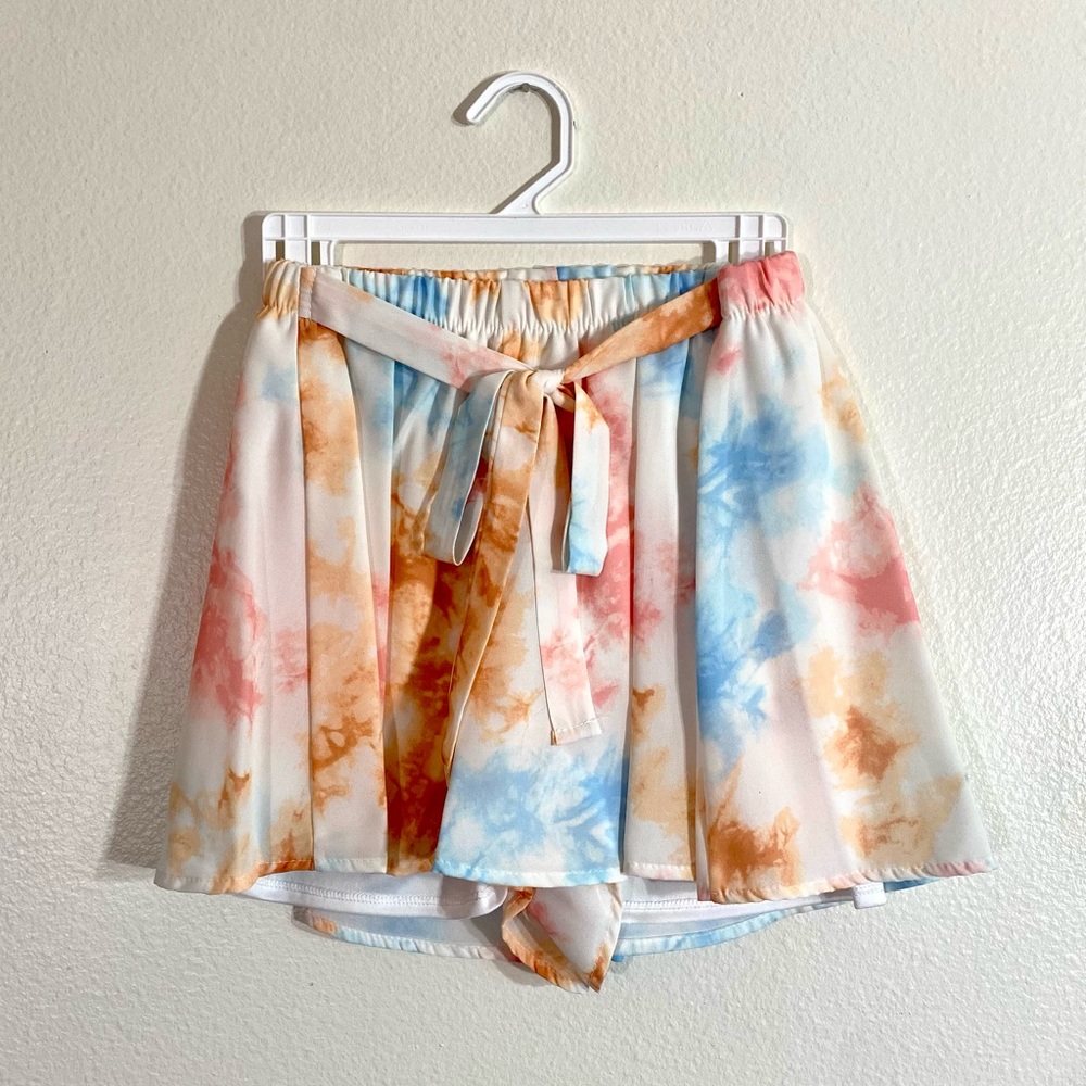 Pink, blue, ivory pastel gartered waistband w/tie belt detail tie-dye shorts. - Picture 13 of 16